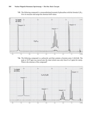 164 Nuclear Magnetic Resonance Spectroscopy • Part One: Basic Concepts
*15. The following compound is a monosubstituted aromatic hydrocarbon with the formula C9H12.
Give its structure and assign the chemical shift values.
8.0 7.0 6.0 5.0 4.0 3.0 2.0 1.0 0 PPM
1000
500
250
100
50
800
400
200
80
40
600
300
150
60
30
400
200
100
40
20
200
100
50
20
10
0 CPS
0 CPS
0
0
0
1H NMR
60 MHz
Integral = 5
C9H12
Integral = 1
Integral = 6
*16. The following compound is a carboxylic acid that contains a bromine atom: C4H7O2Br. The
peak at 10.97 ppm was moved onto the chart (which runs only from 0 to 8 ppm) for clarity.
What is the structure of the compound?
8.0 7.0 6.0 5.0 4.0 3.0 2.0 1.0 0 PPM
1000
500
250
100
50
800
400
200
80
40
600
300
150
60
30
400
200
100
40
20
200
100
50
20
10
0 CPS
0 CPS
0
0
0
C4H7O2Br
1H NMR
60 MHz
Integral = 1
Integral = 2
Integral = 3
Integral = 1
14782_03_Ch3_p105-176.pp2.qxd 2/1/08 10:56 PM Page 164
 