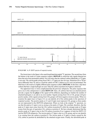 194 Nuclear Magnetic Resonance Spectroscopy • Part Two: Carbon-13 Spectra
(ppm)
160 140 120 100 80 60 40 20 0
DEPT–135
DEPT–90
DEPT–45
13
C SPECTRUM
BROAD–BAND–DECOUPLED
CDCl3
6
4 3 2
1
5
F I G U R E 4 . 9 DEPT spectra of isopentyl acetate.
The lowest trace in the figure is the usual broad-band-decoupled 13
C spectrum. The second trace from
the bottom is the result of a pulse sequence (called a DEPT-45) in which the only signals detected are
those that arise from protonated carbons.You will notice that the carbonyl carbon (labeled 6), at 172 ppm,
is not seen. The solvent peaks arising from CDC13 (77 ppm) are also not seen. Deuterium (D or 2
H) be-
haves differently from 1
H, and as a result the carbon of CDC13 behaves as if it were not protonated. The
third trace is the result of a slightly different pulse sequence (called a DEPT-90). In this trace, only those
carbons that bear a single hydrogen are seen. Only the carbon at position 2 (25 ppm) is observed.
The uppermost trace is more complicated than the previous subspectra. The pulse sequence that
gives rise to this subspectrum is called DEPT-135. Here, all carbons that have an attached proton
provide a signal, but the phase of the signal will be different, depending on whether the number of
attached hydrogens is an odd or an even number. Signals arising from CH or CH3 groups will give
positive peaks, while signals arising from CH2 groups will form negative (inverse) peaks. When we
examine the upper trace in Figure 4.9, we can identify all of the carbon peaks in the spectrum of
isopentyl acetate. The positive peaks at 21 and 22 ppm must represent CH3 groups as those peaks
are not represented in the DEPT-90 subspectrum. When we look at the original 13
C spectrum, we
see that the peak at 21 ppm is not as strong as the peak at 22 ppm. We conclude, therefore, that the
peak at 21 ppm must come from the CH3 carbon at position 5, while the stronger peak at 22 ppm
comes from the pair of equivalent CH3 carbons at position 1. We have already determined that the
positive peak at 25 ppm is due to the CH carbon at position 2 as it appears in both the DEPT-135
and the DEPT-90 subspectra. The inverse peak at 37 ppm is due to a CH2 group, and we can identify
it as coming from the carbon at position 3. The inverse peak at 53 ppm is clearly caused by the
CH2 carbon at position 4, deshielded by the attached oxygen atom. Finally, the downfield peak at
14782_04_Ch4_p177-232.pp3.qxd 2/6/08 10:44 AM Page 194
 