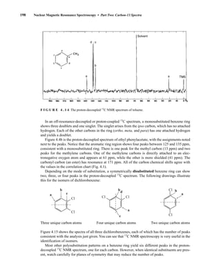 In an off-resonance-decoupled or proton-coupled 13
C spectrum, a monosubstituted benzene ring
shows three doublets and one singlet. The singlet arises from the ipso carbon, which has no attached
hydrogen. Each of the other carbons in the ring (ortho, meta, and para) has one attached hydrogen
and yields a doublet.
Figure 4.4b is the proton-decoupled spectrum of ethyl phenylacetate, with the assignments noted
next to the peaks. Notice that the aromatic ring region shows four peaks between 125 and 135 ppm,
consistent with a monosubstituted ring. There is one peak for the methyl carbon (13 ppm) and two
peaks for the methylene carbons. One of the methylene carbons is directly attached to an elec-
tronegative oxygen atom and appears at 61 ppm, while the other is more shielded (41 ppm). The
carbonyl carbon (an ester) has resonance at 171 ppm. All of the carbon chemical shifts agree with
the values in the correlation chart (Fig. 4.1).
Depending on the mode of substitution, a symmetrically disubstituted benzene ring can show
two, three, or four peaks in the proton-decoupled 13
C spectrum. The following drawings illustrate
this for the isomers of dichlorobenzene:
Three unique carbon atoms Four unique carbon atoms Two unique carbon atoms
Figure 4.15 shows the spectra of all three dichlorobenzenes, each of which has the number of peaks
consistent with the analysis just given. You can see that 13
C NMR spectroscopy is very useful in the
identification of isomers.
Most other polysubstitution patterns on a benzene ring yield six different peaks in the proton-
decoupled 13
C NMR spectrum, one for each carbon. However, when identical substituents are pres-
ent, watch carefully for planes of symmetry that may reduce the number of peaks.
Cl
Cl
b
a
Cl
Cl
d
b
a
c
Cl
Cl
b
c
a
198 Nuclear Magnetic Resonance Spectroscopy • Part Two: Carbon-13 Spectra
F I G U R E 4 . 1 4 The proton-decoupled 13
C NMR spectrum of toluene.
14782_04_Ch4_p177-232.pp3.qxd 2/6/08 10:44 AM Page 198
 