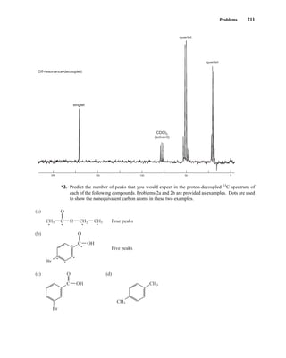 *2. Predict the number of peaks that you would expect in the proton-decoupled 13
C spectrum of
each of the following compounds. Problems 2a and 2b are provided as examples. Dots are used
to show the nonequivalent carbon atoms in these two examples.
CH2
C O Four peaks
Five peaks
O
(a)
(b)
CH3 CH3
C OH
Br
O
(d)
CH3
CH3
(c)
C OH
Br
O
•
•
•
•
• •
• • •
CDCI3
(solvent)
singlet
quartet
quartet
200 150 100 50 0
Off-resonance-decoupled
Problems 211
14782_04_Ch4_p177-232.pp3.qxd 2/6/08 10:44 AM Page 211
 