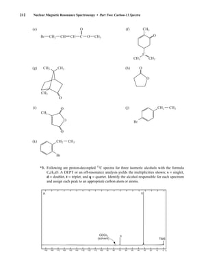 *3. Following are proton-decoupled 13
C spectra for three isomeric alcohols with the formula
C4H10O. A DEPT or an off-resonance analysis yields the multiplicities shown; s = singlet,
d = doublet, t = triplet, and q = quartet. Identify the alcohol responsible for each spectrum
and assign each peak to an appropriate carbon atom or atoms.
δc
190 180 170 160 150 140 130 120 110 100 90 80 70 60 50 40 30 20 10 0
CDCI3
(solvent)
s
TMS
q
A
C O
O
(e)
(g) (h)
CH CH
Br CH3
CH3
CH3
CH2
CH3
C
CH3
CH3
CH2
O
CH3
(i) (j)
(k)
O
O
O
O
O
CH2 CH3
Br
CH2 CH3
Br
(f)
O
212 Nuclear Magnetic Resonance Spectroscopy • Part Two: Carbon-13 Spectra
14782_04_Ch4_p177-232.pp3.qxd 2/6/08 10:44 AM Page 212
 