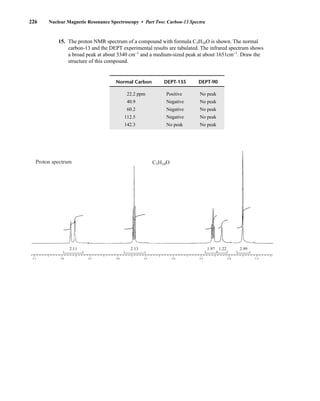 15. The proton NMR spectrum of a compound with formula C5H10O is shown. The normal
carbon-13 and the DEPT experimental results are tabulated. The infrared spectrum shows
a broad peak at about 3340 cm–1
and a medium-sized peak at about 1651cm–1
. Draw the
structure of this compound.
4.5
5.0
5.5 4.0 3.5 3.0 2.5 2.0 1.5
2.11 2.13 1.97 1.22 2.99
C5H10O
Proton spectrum
Normal Carbon DEPT-135 DEPT-90
22.2 ppm Positive No peak
40.9 Negative No peak
60.2 Negative No peak
112.5 Negative No peak
142.3 No peak No peak
226 Nuclear Magnetic Resonance Spectroscopy • Part Two: Carbon-13 Spectra
14782_04_Ch4_p177-232.pp3.qxd 2/6/08 10:45 AM Page 226
 