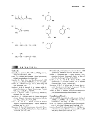 (q)
All
All
NH2
NO2
(s)
All
NH2
NO2
(o)
Br
CH CH
CH
CH3 CH2
(r)
CH CH
CH
CH3
CH3
CH3
(t)
(p)
CH COOH
CH3
CH3
C
O
CH3CH2CH2 CH3
(n)
References 231
Textbooks
Berger, S., and . Braun, 200 and More NMR Experiments,
Wiley-VCH, Weinheim, 2004.
Crews, P., J. Rodriguez, and M. Jaspars, Organic Spectroscopy;
Oxford University Press, NewYork, 1998.
Friebolin, H., Basic One- and Two-Dimensional NMR
Spectroscopy, 4th ed., VCH Publishers, New York, 2005.
Gunther, H., NMR Spectroscopy, 2nd ed., John Wiley and
Sons, New York, 1995.
Lambert, J. B., H. F. Shurvell, D. A. Lightner, and R. G.
Cooks, Introduction to Organic Spectroscopy, Prentice
Hall, Upper Saddle River, NJ, 1998.
Levy, G. C., Topics in Carbon-13 Spectroscopy, John Wiley
and Sons, New York, 1984.
Levy, G. C., R. L. Lichter, and G. L. Nelson, Carbon-13
Nuclear Magnetic Resonance Spectroscopy, 2nd ed.,
John Wiley and Sons, New York, 1980.
Levy, G. C., and G. L. Nelson, Carbon-13 Nuclear
Magnetic Resonance for Organic Chemists, John Wiley
and Sons, New York, 1979.
Macomber, R. S., NMR Spectroscopy—Essential Theory
and Practice, College Outline Series, Harcourt, Brace
Jovanovich, New York, 1988.
R E F E R E N C E S
Macomber, R. S., A Complete Introduction to Modern NMR
Spectroscopy, John Wiley and Sons, New York, 1997.
Pretsch, E., P. Buhlmann, and C. Affolter, Structure Deter-
mination of Organic Compounds. Tables of Spectral
Data, 3rd ed., Springer-Verlag, Berlin, 2000.
Sanders, J. K. M., and B. K. Hunter, Modern NMR
Spectroscopy—A Guide for Chemists, 2nd ed., Oxford
University Press, Oxford, England, 1993.
Silverstein, R. M., F. X. Webster, and D. Kiemle, Spectro-
metric Identification of Organic Compounds, 7th ed.,
John Wiley and Sons, New York, 2005.
Yoder, C. H., and C. D. Schaeffer, Introduction to Multinuclear
NMR, Benjamin–Cummings, Menlo Park, CA, 1987.
Compilations of Spectra
Ault, A., and M. R. Ault, A Handy and Systematic Catalog of
NMR Spectra, 60 MHz with some 270 MHz, University
Science Books, Mill Valley, CA, 1980.
Fuchs, P. L., Carbon-13 NMR Based Organic Spectral Prob-
lems, 25 MHz, John Wiley and Sons, NewYork, 1979.
Johnson, L. F., and W. C. Jankowski, Carbon-13 NMR Spectra:
A Collection of Assigned, Coded, and Indexed Spectra, 25
MHz, Wiley–Interscience, NewYork, 1972.
14782_04_Ch4_p177-232.pp3.qxd 2/6/08 10:45 AM Page 231
 