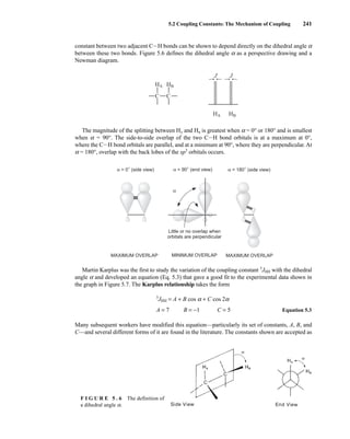 constant between two adjacent CIH bonds can be shown to depend directly on the dihedral angle a
between these two bonds. Figure 5.6 defines the dihedral angle a as a perspective drawing and a
Newman diagram.
The magnitude of the splitting between HA and HB is greatest when a = 0° or 180° and is smallest
when a = 90°. The side-to-side overlap of the two CIH bond orbitals is at a maximum at 0°,
where the CIH bond orbitals are parallel, and at a minimum at 90°, where they are perpendicular. At
a = 180°, overlap with the back lobes of the sp3
orbitals occurs.
Martin Karplus was the first to study the variation of the coupling constant 3
JHH with the dihedral
angle a and developed an equation (Eq. 5.3) that gave a good fit to the experimental data shown in
the graph in Figure 5.7. The Karplus relationship takes the form
3
JHH = A + B cos a + C cos 2a
Equation 5.3
A = 7 B = −1 C = 5
Many subsequent workers have modified this equation—particularly its set of constants, A, B, and
C—and several different forms of it are found in the literature. The constants shown are accepted as
α = 0° (side view) α = 90° (end view) α = 180° (side view)
MAXIMUM OVERLAP
MAXIMUM OVERLAP MINIMUM OVERLAP
Little or no overlap when
orbitals are perpendicular
α
HA
C
HB
HA HB
C
J J
5.2 Coupling Constants: The Mechanism of Coupling 241
F I G U R E 5 . 6 The definition of
a dihedral angle a.
14782_05_Ch5_p233-328.pp3.qxd 2/6/08 8:08 AM Page 241
 