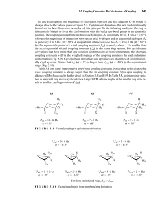 In any hydrocarbon, the magnitude of interaction between any two adjacent CIH bonds is
always close to the values given in Figure 5.7. Cyclohexane derivatives that are conformationally
biased are the best illustrative examples of this principle. In the following molecule, the ring is
substantially biased to favor the conformation with the bulky tert-butyl group in an equatorial
position. The coupling constant between two axial hydrogens Jaa is normally 10 to 14 Hz (a = 180°),
whereas the magnitude of interaction between an axial hydrogen and an equatorial hydrogen Jae
is generally 2 to 6 Hz (a = 60°). A diequatorial interaction also has Jee = 2 to 5 Hz (a = 60°),
but the equatorial-equatorial vicinal coupling constant (Jae) is usually about 1 Hz smaller than
the axial-equatorial vicinal coupling constant (Jae) in the same ring system. For cyclohexane
derivatives that have more than one solution conformation at room temperature, the observed
coupling constants will be the weighted average of the coupling constants for each individual
conformation (Fig. 5.9). Cyclopropane derivatives and epoxides are examples of conformation-
ally rigid systems. Notice that Jcis (a = 0°) is larger than Jtrans (a = 120°) in three-membered
rings (Fig. 5.10).
Table 5.4 lists some representative three-bond coupling constants. Notice that in the alkenes the
trans coupling constant is always larger than the cis coupling constant. Spin–spin coupling in
alkenes will be discussed in further detail in Sections 5.8 and 5.9. In Table 5.5, an interesting varia-
tion is seen with ring size in cyclic alkenes. Larger HCH valence angles in the smaller ring sizes re-
sult in smaller coupling constants (3
JHH).
5.2 Coupling Constants: The Mechanism of Coupling 243
H
Y
X
t-Bu
HA
a,a a,e e,e
HB
JAB = 10–14 Hz
t-Bu
H X
Y
HA
HB
JAB = 2–6 Hz
H
t-Bu
H X
HA
HB
JAB = 2–5 Hz
α = 180° α = 60° α = 60°
3JAB = 6–12 Hz 3JAB = 2–9 Hz
For three-membered rings, Jcis  Jtrans
3JAB = 4–5 Hz 3JAB = 2–4 Hz
HA
HC
HB
R HB
HA
HC
R HA
HC
HB
R
O
HB
HA
HC
R
O
2JAC = 3–9 Hz
= ~115°
α
2JAC = 5–6 Hz
= ~118°
α
α = ~0° α = ~120° α = ~0° α = ~120°
F I G U R E 5 . 9 Vicinal couplings in cyclohexane derivatives.
F I G U R E 5 . 1 0 Vicinal couplings in three-membered ring derivatives.
14782_05_Ch5_p233-328.pp3.qxd 2/6/08 8:08 AM Page 243
 