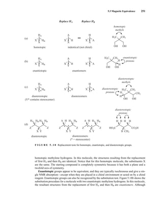 5.3 Magnetic Equivalence 251
homotopic methylene hydrogens. In this molecule, the structures resulting from the replacement
of first HA and then HB are identical. Notice that for this homotopic molecule, the substituents X
are the same. The starting compound is completely symmetric because it has both a plane and a
twofold axis of symmetry.
Enantiotopic groups appear to be equivalent, and they are typically isochronous and give a sin-
gle NMR absorption—except when they are placed in a chiral environment or acted on by a chiral
reagent. Enantiotopic groups can also be recognized by the substitution test. Figure 5.18b shows the
substitution procedure for a molecule with two enantiotopic methylene hydrogens. In this molecule,
the resultant structures from the replacement of first HA and then HB are enantiomers. Although
HA
HB
X
X
homotopic indentical (not chiral)
Replace HA Replace HB
diastereotopic
protons
diastereotopic
protons
enantiotopic
protons
diastereotopic
methyls
homotopic
methyls
A
H
X
X
H
A
X
X
HA
HB
Y
X
enantiotopic enantiomers
A
H
Y
X
H
A
Y
X
HA
HB
Y*
X
diastereotopic
(Y* contains stereocenter)
diastereotopic diastereomers
(* = stereocenter)
diastereomers
A
H
Y*
X
H
A
Y*
X
(a)
(b)
(c)
(d)
HA HB HA HB
Z
X Y
Z
H H H H
H CH3
CO2H
HO2C
CH3
CH3
H3C
H
H
OH OH
* *
A H HA HB
Z Z
X Y
* *
A H HA HB
Z Z
X Y
CH3
H3C
H
H
OH OH
CH3
H3C
OH OH
F I G U R E 5 . 1 8 Replacement tests for homotopic, enantiotopic, and diastereotopic groups.
14782_05_Ch5_p233-328.pp3.qxd 2/6/08 8:09 AM Page 251
 