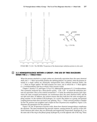 5.5 Nonequivalence within a Group—The Use of Tree Diagrams when the n + 1 Rule Fails 257
HO
C
Ha
Ha
Hb Hb
2Jab = 15.8 Hz
HOOC
COOH
COOH
2.80
2.85
2.90
921.78
905.97
865.89
850.08
2.95
3.00
3.05
3.10
F I G U R E 5 . 2 4 The 300-MHz 1
H spectrum of the diastereotopic methylene protons in citric acid.
5.5 NONEQUIVALENCE WITHIN A GROUP—THE USE OF TREE DIAGRAMS
WHEN THE n + 1 RULE FAILS
When the protons attached to a single carbon are chemically equivalent (have the same chemical
shift), the n + 1 Rule successfully predicts the splitting patterns. In contrast, when the protons at-
tached to a single carbon are chemically nonequivalent (have different chemical shifts), the
n + 1 Rule no longer applies. We shall examine two cases, one in which the n +1 Rule applies
(1,1,2-trichloroethane) and one in which it fails (styrene oxide).
Chapter 3, Section 3.13, and Figure 3.25 (p.131), addressed the spectrum of 1,1,2-trichloroethane.
This symmetric molecule has a three-proton system, ICH2ICHI in which the methylene pro-
tons are equivalent. Due to free rotation around the CIC bond, the methylene protons each expe-
rience the same averaged environment, are isochronous (have the same chemical shift), and do
not split each other. In addition, the rotation ensures that they both have the same averaged cou-
pling constant J to the methine (CH) hydrogen. As a result, they behave as a group, and geminal
coupling between them does not lead to any splitting. The n + 1 Rule correctly predicts a doublet
for the CH2 protons (one neighbor) and a triplet for the CH proton (two neighbors). Figure 5.25a
illustrates the parameters for this molecule.
Figure 5.26, the 1
H spectrum of styrene oxide, shows how chemical nonequivalence complicates
the spectrum. The three-membered ring prevents rotation, causing protons HA and HB to have dif-
ferent chemical shift values; they are chemically and magnetically inequivalent. Hydrogen HA is on
the same side of the ring as the phenyl group; hydrogen HB is on the opposite side of the ring. These
14782_05_Ch5_p233-328.pp3.qxd 2/6/08 8:09 AM Page 257
 
