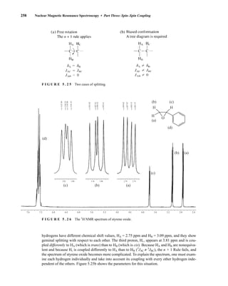 258 Nuclear Magnetic Resonance Spectroscopy • Part Three: Spin–Spin Coupling
F I G U R E 5 . 2 5 Two cases of splitting.
F I G U R E 5 . 2 6 The 1
H NMR spectrum of styrene oxide.
hydrogens have different chemical shift values, HA = 2.75 ppm and HB = 3.09 ppm, and they show
geminal splitting with respect to each other. The third proton, HC, appears at 3.81 ppm and is cou-
pled differently to HA (which is trans) than to HB (which is cis). Because HA and HB are nonequiva-
lent and because HC is coupled differently to HA than to HB (3
JAC ≠ 3
JBC), the n + 1 Rule fails, and
the spectrum of styrene oxide becomes more complicated. To explain the spectrum, one must exam-
ine each hydrogen individually and take into account its coupling with every other hydrogen inde-
pendent of the others. Figure 5.25b shows the parameters for this situation.
7.6 7.2 6.8
3.82 3.80 3.10 3.08
6.4 6.0 5.6 5.2 4.8 4.4 4.0 3.6 3.2 2.8 2.4
(c) (b)
2.78 2.74
(a)
(c)
(b) (a)
1147.89
1141.23
1145.25
1143.86
932.02
922.41
829.62
827.07
824.12
821.57
927.91
926.52
(d)
(c)
(b)
(a)
(d)
H H
H
O
14782_05_Ch5_p233-328.pp3.qxd 2/6/08 8:09 AM Page 258
 