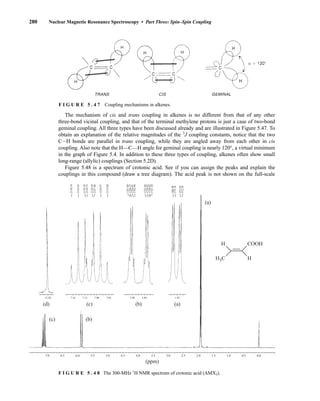 280 Nuclear Magnetic Resonance Spectroscopy • Part Three: Spin–Spin Coupling
F I G U R E 5 . 4 7 Coupling mechanisms in alkenes.
The mechanism of cis and trans coupling in alkenes is no different from that of any other
three-bond vicinal coupling, and that of the terminal methylene protons is just a case of two-bond
geminal coupling. All three types have been discussed already and are illustrated in Figure 5.47. To
obtain an explanation of the relative magnitudes of the 3
J coupling constants, notice that the two
CIH bonds are parallel in trans coupling, while they are angled away from each other in cis
coupling. Also note that the H—C—H angle for geminal coupling is nearly 120°, a virtual minimum
in the graph of Figure 5.4. In addition to these three types of coupling, alkenes often show small
long-range (allylic) couplings (Section 5.2D).
Figure 5.48 is a spectrum of crotonic acid. See if you can assign the peaks and explain the
couplings in this compound (draw a tree diagram). The acid peak is not shown on the full-scale
H COOH
H3C H
(ppm)
7.0 6.5 6.0 5.5 5.0 4.5 4.0 3.5 3.0 2.5 2.0 1.5 1.0 0.5 0.0
7.16
12.20 7.12 7.08 7.04 5.88 5.84 1.92
2150.34
2143.45
2120.97
2114.08
2136.39
2134.75
2129.50
2127.86
1767.89
1766.25
1764.61
1762.96
1752.46
1750.82
1749.02
1747.38
580.98
579.18
573.93
572.29
(a)
(a)
(b)
(b)
(c)
(c)
(d)
F I G U R E 5 . 4 8 The 300-MHz 1
H NMR spectrum of crotonic acid (AMX3).
14782_05_Ch5_p233-328.pp3.qxd 2/6/08 8:10 AM Page 280
 