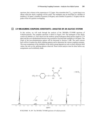 5.9 Measuring Coupling Constants—Analysis of an Allylic System 281
spectrum, but is shown in the expansions at 12.2 ppm. Also remember that 3
Jtrans is quite large in an
alkene while the allylic couplings will be small. The multiplets may be described as a doublet of
doublets (1.92 ppm), a doublet of quartets (5.86 ppm), and a doublet of quartets (7.10 ppm) with the
peaks of the two quartets overlapping.
5.9 MEASURING COUPLING CONSTANTS—ANALYSIS OF AN ALLYLIC SYSTEM
In this section, we will work through the analysis of the 300-MHz FT-NMR spectrum of
4-allyloxyanisole. The complete spectrum is shown in Figure 5.49. The hydrogens of the allylic
system are labeled a–d. Also shown are the methoxy group hydrogens (three-proton singlet at 3.78
ppm) and the para-disubstituted benzene ring resonances (second-order multiplet at 6.84 ppm). The
origin of the para-disubstitution pattern will be discussed in Section 5.10B. The main concern
here will be to explain the allylic splitting patterns and to determine the various coupling constants.
The exact assignment of the multiplets in the allylic group depends not only on their chemical shift
values, but also on the splitting patterns observed. Some initial analysis must be done before any
assignments can be definitely made.
H
H
H
O
O CH2
CH3
(ppm)
7.0 6.8 6.6 6.4 6.2 6.0 5.8 5.6 5.4 5.2 5.0 4.8 4.6 4.4 4.2 4.0 3.8
OCH3
(a) (c)
(c) (b)
(a)
(d)
(d)
(b)
F I G U R E 5 . 4 9 The 300-MHz 1
H NMR spectrum of 4-allyloxyanisole.
14782_05_Ch5_p233-328.pp3.qxd 2/6/08 8:10 AM Page 281
 