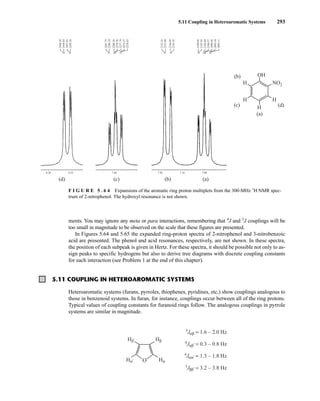 5.11 Coupling in Heteroaromatic Systems 293
ments. You may ignore any meta or para interactions, remembering that 4
J and 5
J couplings will be
too small in magnitude to be observed on the scale that these figures are presented.
In Figures 5.64 and 5.65 the expanded ring-proton spectra of 2-nitrophenol and 3-nitrobenzoic
acid are presented. The phenol and acid resonances, respectively, are not shown. In these spectra,
the position of each subpeak is given in Hertz. For these spectra, it should be possible not only to as-
sign peaks to specific hydrogens but also to derive tree diagrams with discrete coupling constants
for each interaction (see Problem 1 at the end of this chapter).
8.20 8.10 7.60
2440.30
2438.83
2431.85
2430.38
2287.72
2286.24
2280.36
2279.26
2277.79
2272.27
2270.43
(d) (c) (b) (a)
OH
H
H
H
H
NO2
(b)
(c)
(a)
(d)
7.20 7.10 7.00
2155.35
2153.88
2146.89
2145.42
2109.02
2107.92
2102.04
2100.57
2099.46
2093.58
2092.11
F I G U R E 5 . 6 4 Expansions of the aromatic ring proton multiplets from the 300-MHz 1
H NMR spec-
trum of 2-nitrophenol. The hydroxyl resonance is not shown.
5.11 COUPLING IN HETEROAROMATIC SYSTEMS
Heteroaromatic systems (furans, pyrroles, thiophenes, pyridines, etc.) show couplings analogous to
those in benzenoid systems. In furan, for instance, couplings occur between all of the ring protons.
Typical values of coupling constants for furanoid rings follow. The analogous couplings in pyrrole
systems are similar in magnitude.
O
3
Jαβ = 1.6 – 2.0 Hz
4
Jαβ' = 0.3 – 0.8 Hz
4
Jαα' = 1.3 – 1.8 Hz
3
Jββ' = 3.2 – 3.8 Hz
Hβ
Hα
Hβ'
Hα'
14782_05_Ch5_p233-328.pp3.qxd 2/6/08 8:10 AM Page 293
 