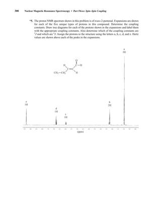 300 Nuclear Magnetic Resonance Spectroscopy • Part Three: Spin–Spin Coupling
*5. The proton NMR spectrum shown in this problem is of trans-2-pentenal. Expansions are shown
for each of the five unique types of protons in this compound. Determine the coupling
constants. Draw tree diagrams for each of the protons shown in the expansions and label them
with the appropriate coupling constants. Also determine which of the coupling constants are
3
J and which are 4
J. Assign the protons to the structure using the letters a, b, c, d, and e. Hertz
values are shown above each of the peaks in the expansions.
9.5 9.0 8.5 8.0 7.5 7.0 6.5 6.0 5.5 5.0 4.5 4.0 3.5 3.0 2.5 2.0 1.5 1.0 0.5 0.0
(ppm)
e
1H
d
1H
c
1H
b
2H
a
3H
O
CH3 CH2
C
C H
H
H
C
14782_05_Ch5_p233-328.pp3.qxd 2/6/08 8:10 AM Page 300
 