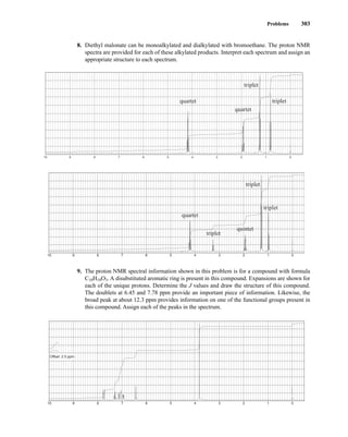 Problems 303
8. Diethyl malonate can be monoalkylated and dialkylated with bromoethane. The proton NMR
spectra are provided for each of these alkylated products. Interpret each spectrum and assign an
appropriate structure to each spectrum.
9. The proton NMR spectral information shown in this problem is for a compound with formula
C10H10O3. A disubstituted aromatic ring is present in this compound. Expansions are shown for
each of the unique protons. Determine the J values and draw the structure of this compound.
The doublets at 6.45 and 7.78 ppm provide an important piece of information. Likewise, the
broad peak at about 12.3 ppm provides information on one of the functional groups present in
this compound. Assign each of the peaks in the spectrum.
10 9 8 7 6 5 4 3 2 1 0
Offset: 2.5 ppm.
10 9 8 7 6 5 4 3 2 1 0
quartet
triplet
triplet
triplet
quintet
10 9 8 7 6 5 4 3 2 1 0
quartet
quartet
triplet
triplet
14782_05_Ch5_p233-328.pp3.qxd 2/7/08 7:41 PM Page 303
 