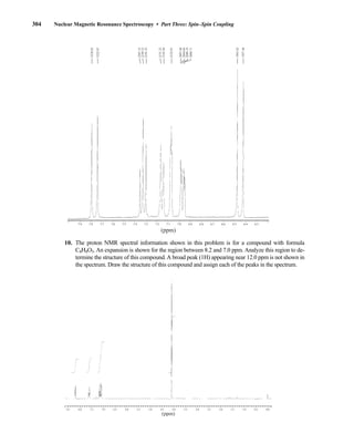 304 Nuclear Magnetic Resonance Spectroscopy • Part Three: Spin–Spin Coupling
10. The proton NMR spectral information shown in this problem is for a compound with formula
C8H8O3. An expansion is shown for the region between 8.2 and 7.0 ppm. Analyze this region to de-
termine the structure of this compound.A broad peak (1H) appearing near 12.0 ppm is not shown in
the spectrum. Draw the structure of this compound and assign each of the peaks in the spectrum.
8.5 8.0 7.5 7.0 6.5 6.0 5.5 5.0 4.5 4.0 3.5 3.0 2.5 2.0 1.5 1.0 0.5 0.0
(ppm)
7.9 7.8 7.7 7.6 7.5 7.4 7.3 7.2 7.1 7.0 6.9 6.8 6.7 6.6 6.5 6.4 6.3
(ppm)
2191.35
2207.15
2122.81
2097.40
1943.42
1927.46
2143.56
2322.87
2338.83
2094.84
2089.19
2086.71
2199.33
2151.23
14782_05_Ch5_p233-328.pp3.qxd 2/6/08 8:10 AM Page 304
 