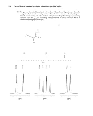 316 Nuclear Magnetic Resonance Spectroscopy • Part Three: Spin–Spin Coupling
20. The spectrum shown in this problem is of 1-methoxy-1-buten-3-yne. Expansions are shown for
each proton. Determine the coupling constants for each of the protons and draw tree diagrams
for each. The interesting part of this problem is the presence of significant long-range coupling
constants. There are 3
J, 4
J, and 5
J couplings in this compound. Be sure to include all of them in
your tree diagram (graphical analysis).
6.42 6.40 6.38 4.62 4.60 4.58 3.12 3.10 3.08
(ppm) (ppm) (ppm)
1922.76
1917.24
1384.50
1381.50
1378.50
1375.50
1916.76
1923.24
928.77
931.25
928.25
931.77
6.8 6.6 6.4 6.2 6.0 5.8 5.6 5.4 5.2 5.0 4.8 4.6 4.4 4.2 4.0 3.8 3.6 3.4 3.2 3.0 2.8 2.6
(ppm)
1H 1H 1H
3H
C
O
C
C
C
CH3
H
H
H
(b)
(a)
(c)
(d)
14782_05_Ch5_p233-328.pp3.qxd 2/6/08 8:11 AM Page 316
 