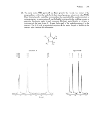 Problems 317
4.00
4.10
4.20
4.30 3.80 3.70 3.60
3.90
(ppm)
1266.66
1270.34
1271.81
1265.19
1221.07
1215.92
1103.41
1101.94
Spectrum A
21. The partial proton NMR spectra (A and B) are given for the cis and trans isomers of the
compound shown below (the bands for the three phenyl groups are not shown in either NMR).
Draw the structures for each of the isomers and use the magnitude of the coupling constants to
assign a structure to each spectrum. It may be helpful to use a molecular modeling program to
determine the dihedral angles for each compound. The finely spaced doublet at 3.68 ppm in
spectrum A is the band for the OIH peak. Assign each of the peaks in spectrum A to the
structure. The OIH peak is not shown in spectrum B, but assign the pair of doublets to the
structure using chemical shift information.
Ph
Ph
Ph
H
H
OH
O
3.50 3.40 3.30 3.20
1051.20
1035.20
1000.83
985.02
Spectrum B
14782_05_Ch5_p233-328.pp3.qxd 2/6/08 8:11 AM Page 317
 