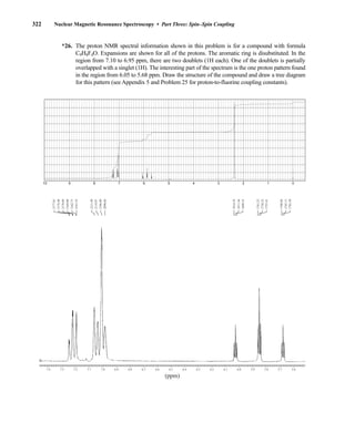 322 Nuclear Magnetic Resonance Spectroscopy • Part Three: Spin–Spin Coupling
*26. The proton NMR spectral information shown in this problem is for a compound with formula
C9H8F4O. Expansions are shown for all of the protons. The aromatic ring is disubstituted. In the
region from 7.10 to 6.95 ppm, there are two doublets (1H each). One of the doublets is partially
overlapped with a singlet (1H). The interesting part of the spectrum is the one proton pattern found
in the region from 6.05 to 5.68 ppm. Draw the structure of the compound and draw a tree diagram
for this pattern (see Appendix 5 and Problem 25 for proton-to-fluorine coupling constants).
7.4 7.3 7.2 7.1 7.0 6.9 6.8 6.7 6.6 6.5 6.4 6.3 6.2 6.1 6.0 5.9 5.8 5.7 5.6
(ppm)
2161.52
2162.75
2169.00
2170.09
2176.48
2177.65
2098.66
2106.00
2114.07
2121.99
1814.34
1811.44
1808.53
1761.23
1758.32
1755.41
1708.04
1705.13
1702.30
10 9 8 7 6 5 4 3 2 1 0
14782_05_Ch5_p233-328.pp3.qxd 2/6/08 8:11 AM Page 322
 