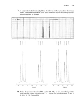 Problems 323
27. A compound with the formula C2H4BrF has the following NMR spectrum. Draw the structure
for this compound. Using the Hertz values on the expansions, calculate the coupling constants.
Completely explain the spectrum.
*28. Predict the proton and deuterium NMR spectra of DICH2IOICH3, remembering that the
spin quantum number for deuterium = 1. Compare the proton spectrum to that of
FICH2IOICH3 (Problem 25a).
4.80 4.76 4.72 4.68
(ppm)
4.64 4.60 4.56 3.64 3.60 3.56 3.52
(ppm)
3.48
1084.59
1078.73
1072.98
1387.00
1381.25
1375.50
1433.66
1427.91
1422.16
1063.58
1057.83
1052.08
300 MHz
10 9 8 7 6 5 4 3 2 1 0
14782_05_Ch5_p233-328.pp3.qxd 2/6/08 8:11 AM Page 323
 