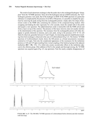 334 Nuclear Magnetic Resonance Spectroscopy • Part Four
The result of each deuterium exchange is that the peaks due to the exchanged hydrogens “disap-
pear” from the 1
H NMR spectrum. Since all of the hydrogens end up in HOD molecules, the “lost”
hydrogens generate a new peak, that of the hydrogen in HOD. If the NMR spectrum of a particular
substance is complicated by the presence of an OH or NH proton, it is possible to simplify the spec-
trum by removing the peak arising from the exchangeable protons: simply add a few drops of deu-
terium oxide to the NMR tube containing the solution of the compound being studied. After
recapping and shaking the tube vigorously for a few seconds, return the sample tube to the probe
and acquire a new spectrum. The added deuterium oxide is immiscible with the NMR solvent and
forms a layer on top of the solution. The presence of this layer, however, does not usually interfere
in the determination of the spectrum. The resonance from the exchangeable proton will either dis-
appear or greatly diminish in intensity, and a new peak, owing to the presence of HIOID, will
likely be observed, generally between 4.5 and 5.0 ppm. An interesting spectral simplification result-
ing from D2O exchange is observed in the case of 2-chloroethanol (Fig. 6.5). The bottom 1
H NMR
spectrum of 2-chloroethanol clearly shows the OH proton as a broad unsymmetric resonance
centered at 2.22 ppm. Note also the complicated appearance of the resonances for the methylene
protons at 3.68 and 3.87 ppm resulting from vicinal coupling of the hydroxyl group to the adjacent
methylene (HOICH2ICH2ICl), which also creates second-order effects in the methylene adja-
cent to the chlorine group. After addition of D2O to the sample and thorough mixing, the 1
H NMR
spectrum was acquired again (Fig. 6.5, top spectrum). Note the nearly complete disappearance of
3.8
2.50 2.40 2.30 ppm
3.6 3.4 3.2 3.0 2.8 2.6 2.4 2.2
ppm
D2O Added
3.8 3.6 3.4 3.2 3.0 2.8 2.6 2.4 2.2
ppm
2.35 2.25 2.15 ppm
F I G U R E 6 . 5 The 500-MHz 1
H NMR spectrum of 2-chloroethanol before (bottom) and after treatment
with D2O (top).
14782_06_Ch6_p329-380.pp3.qxd 2/6/08 8:14 AM Page 334
 