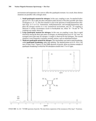 344 Nuclear Magnetic Resonance Spectroscopy • Part Four
7.0
8.0
9.0 6.0 5.0 4.0 3.0 2.0 1.0 0.0
(ppm)
(c)
(c)
(a) (a)
(b)
(b) (b)
(a)
N
H
H
H
H
H
NH
6.85 6.80 6.75 6.70 6.65 6.60 6.55 6.50 6.45 6.40 6.35 6.30 6.25 6.20 6.15
(ppm)
(b) (a)
F I G U R E 6 . 1 4 1
H NMR spectrum of pyrrole. The inset shows expansions of the resonances of the ring CIH protons.
environment and temperature also seem to affect the quadrupole moment. As a result, three distinct
situations are possible with a nitrogen atom:
1. Small quadrupole moment for nitrogen. In this case, coupling is seen. An attached hydro-
gen (as in NIH) is split into three absorption peaks because of the three possible spin states
of nitrogen (+1, 0, −1). This first situation is seen in the spectrum of methylammonium chlo-
ride (Figs. 6.11 to 6.13). Ammonium, methylammonium, and tetraalkylammonium salts
place the nitrogen nucleus in a very symmetrical environment, and 1
HI15
N coupling is
observed. A similar circumstance occurs in borohydride ion, where 1
HI11
B and 1
HI10
B
couplings are readily observed.
2. Large quadrupole moment for nitrogen. In this case, no coupling is seen. Due to rapid
transitions among the three spin states of nitrogen, an attached proton (as in NIH) “sees” an
averaged (zero) spin state for nitrogen. A singlet is observed for the hydrogen. This second
situation is seen frequently in primary aromatic amines, such as substituted anilines.
3. Moderate quadrupole moment for nitrogen. This intermediate case leads to peak broadening,
called quadrupole broadening, rather than splitting. The attached proton (as in NIH) is “not
sure of what it sees.” Figure 6.14, the NMR spectrum of pyrrole, shows an extreme example of
quadrupole broadening in which the NH absorption extends from 7.5 to 8.5 ppm.
14782_06_Ch6_p329-380.pp3.qxd 2/6/08 8:14 AM Page 344
 