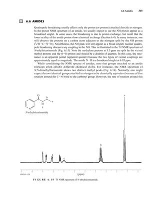 6.6 Amides 345
11 10 9 8 7 6 5 4 3 2 1 0
(ppm)
HSP-01-130
N
N-ethylnicotinamide
O
N
H
c
c
b
b
a
a
F I G U R E 6 . 1 5 1
H NMR spectrum of N-ethylnicotinamide.
6.6 AMIDES
Quadrupole broadening usually affects only the proton (or protons) attached directly to nitrogen.
In the proton NMR spectrum of an amide, we usually expect to see the NH proton appear as a
broadened singlet. In some cases, the broadening is due to proton exchange, but recall that the
lower acidity of the amide proton slows chemical exchange (Section 6.4). In many instances, one
will observe the protons on a carbon atom adjacent to the nitrogen split by the NH proton
(3
J HICINIH). Nevertheless, the NH peak will still appear as a broad singlet; nuclear quadru-
pole broadening obscures any coupling to the NH. This is illustrated in the 1
H NMR spectrum of
N-ethylnicotinamide (Fig. 6.15). Note the methylene protons at 3.5 ppm are split by the vicinal
methyl protons and the NIH proton and should be a doublet of quartets. In this case, the reso-
nance is an apparent pentet (apparent quintet) because the two types of vicinal couplings are
approximately equal in magnitude. The amide NIH is a broadened singlet at 6.95 ppm.
While considering the NMR spectra of amides, note that groups attached to an amide
nitrogen often exhibit different chemical shifts. For instance, the NMR spectrum of
N,N-dimethylformamide shows two distinct methyl peaks (Fig. 6.16). Normally, one might
expect the two identical groups attached to nitrogen to be chemically equivalent because of free
rotation around the CIN bond to the carbonyl group. However, the rate of rotation around this
14782_06_Ch6_p329-380.pp3.qxd 2/6/08 8:14 AM Page 345
 