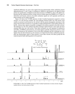 350 Nuclear Magnetic Resonance Spectroscopy • Part Four
F I G U R E 6 . 2 0 The 1
H NMR spectrum of ethyl 2-methyl-4-pentenoate in various solvents. Signals
marked with an x are from solvent or water.
ppm
Methanol-d4
CDCl3
x
x
x
x
x
ethyl 2-methyl-4-pentenoate
6.0 5.5 5.0 4.5 4.0 3.5 3.0 2.5 2.0 1.5 1.0
Benzene-d6
Acetone-d6
DMSO-d6
f'
h
g
d
b/c
a
f
e
Hf
Hb/c
Hb/c Hf' HdHd
He
Ha
O CH3
CH3
O
h
g
significant differences are seen in the signals from the diastereotopic allylic methylene protons
4 6 6
protons are significantly overlapped second-order resonances. In DMSO-d6, there is the added com-
plication that the methylene protons overlap with the residual signal from DMSO-d5 at 2.5 ppm. In
chloroform and benzene, however, the allylic methylene signals are well separated, and the cou-
pling constants can be readily measured.
Figure 6.20 shows the l
H NMR spectrum of ethyl 2-methyl-4-pentenoate acquired in various
solvents. As in the previous example, the vinyl hydrogen chemical shifts vary with solvent, most
notably in acetone-d6 and benzene-d6, the solvents with the greatest diamagnetic anisotropy in this
group. Note also that in acetone-d6 it is possible to readily distinguish the E and Z alkene protons, Hb
and Hc, whereas these signals are partially overlapped in the spectra acquired in the other solvents.
The hydrogen α to the ester carbonyl and allylic hydrogen signals between 2 and 3 ppm also have
chemical shifts that vary with solvent. These three resonances are well separated in methanol-d4
and CDCl3. In DMSO-d6 and acetone-d6, one of the signals is partially obscured by solvent or water
signals. In benzene-d6, the resonances of one of the allylic hydrogens and the α hydrogen are over-
lapped. Note also that in benzene-d6, the resonance at 3.8 ppm from the ethoxy methylene group dis-
plays the diastereotopic nature of those protons. In the other solvents, the ethoxy group has the
expected quartet/triplet splitting pattern in the spectrum.
14782_06_Ch6_p329-380.pp3.qxd 2/6/08 8:14 AM Page 350
appearing between 2.1 and 2.4 ppm. In methanol-d , DMSO-d , and acetone-d , the signals for these
 