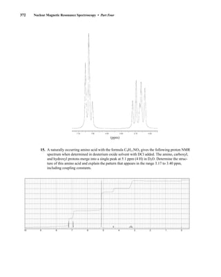 372 Nuclear Magnetic Resonance Spectroscopy • Part Four
15. A naturally occurring amino acid with the formula C9H11NO3 gives the following proton NMR
spectrum when determined in deuterium oxide solvent with DCl added. The amino, carboxyl,
and hydroxyl protons merge into a single peak at 5.1 ppm (4 H) in D2O. Determine the struc-
ture of this amino acid and explain the pattern that appears in the range 3.17 to 3.40 ppm,
including coupling constants.
7.10 7.00 6.90 6.80 6.70 6.60
(ppm)
10 9 8 7 6 5 4 3 2 1 0
14782_06_Ch6_p329-380.pp3.qxd 2/7/08 4:21 PM Page 372
 