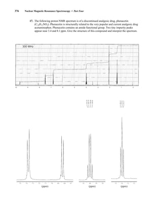 376 Nuclear Magnetic Resonance Spectroscopy • Part Four
17. The following proton NMR spectrum is of a discontinued analgesic drug, phenacetin
(C10H13NO2). Phenacetin is structurally related to the very popular and current analgesic drug
acetaminophen. Phenacetin contains an amide functional group. Two tiny impurity peaks
appear near 3.4 and 8.1 ppm. Give the structure of this compound and interpret the spectrum.
300 MHz
9 8 7 6 5 4 3 2 1 0
10
7.5 7.4 7.3 7.2 7.1 7.0 6.9 6.8 6.7 4.1 4.0 3.9 3.8 1.5 1.4 1.3 1.2
(ppm) (ppm) (ppm)
1210.78
1203.79
1196.80
1189.82
426.14
419.16
412.17
14782_06_Ch6_p329-380.pp3.qxd 2/6/08 8:15 AM Page 376
 