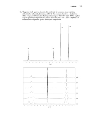 Problems 377
18. The proton NMR spectrum shown in this problem is for a common insect repellent,
N,N-diethyl-m-toluamide, determined at 360 K. This problem also shows a stacked plot
of this compound determined in the temperature range of 290 to 360 K (27–87°C). Explain
why the spectrum changes from two pairs of broadened peaks near 1.2 and 3.4 ppm at low
temperature to a triplet and quartet at the higher temperatures.
7.5 7.0 6.5 6.0 5.5 5.0 4.5 4.0 3.5 3.0 2.5 2.0 1.5 1.0 0.5 0.0
(ppm)
4H 4H
3H
6H
1.0
1.2
1.4
1.6
1.8
2.0
2.2
2.4
2.6
2.8
3.0
3.2
3.4
3.6
3.8 0.8
(ppm)
360K
350
340
330
310
290
14782_06_Ch6_p329-380.pp3.qxd 2/6/08 8:15 AM Page 377
 
