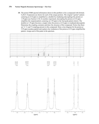 378 Nuclear Magnetic Resonance Spectroscopy • Part Four
19. The proton NMR spectral information shown in this problem is for a compound with formula
C4H7Cl. Expansions are shown for each of the unique protons. The original “quintet” pattern
centering on 4.52 ppm is simplified to a doublet by irradiating (decoupling) the protons at
1.59 ppm (see Section 6.10). In another experiment, decoupling the proton at 4.52 ppm
simplifies the original pattern centering on 5.95 ppm to the four-peak pattern shown. The
doublet at 1.59 ppm becomes a singlet when the proton at 4.52 ppm is irradiated (decoupled).
Determine the coupling constants and draw the structure of this compound. Notice that there
are 2
J, 3
J, and 4
J couplings present in this compound. Draw a tree diagram for the proton at
5.95 ppm (nondecoupled) and explain why irradiation of the proton at 4.52 ppm simplified the
pattern. Assign each of the peaks in the spectrum.
10 9 8 7 6 5 4 3 2 1 0
5.08 1.64 1.60 1.56
5.12
5.16
5.20
5.24
5.28
(ppm) (ppm)
1585.81
1584.71
1583.97
1568.90
1567.79
1567.06
1535.81
1534.70
1533.97
1525.51
1524.78
1523.67
481.66
475.04
14782_06_Ch6_p329-380.pp3.qxd 2/7/08 4:22 PM Page 378
 