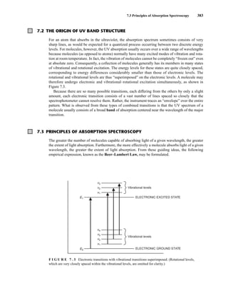 7.3 Principles of Absorption Spectroscopy 383
7.2 THE ORIGIN OF UV BAND STRUCTURE
For an atom that absorbs in the ultraviolet, the absorption spectrum sometimes consists of very
sharp lines, as would be expected for a quantized process occurring between two discrete energy
levels. For molecules, however, the UV absorption usually occurs over a wide range of wavelengths
because molecules (as opposed to atoms) normally have many excited modes of vibration and rota-
tion at room temperature. In fact, the vibration of molecules cannot be completely “frozen out” even
at absolute zero. Consequently, a collection of molecules generally has its members in many states
of vibrational and rotational excitation. The energy levels for these states are quite closely spaced,
corresponding to energy differences considerably smaller than those of electronic levels. The
rotational and vibrational levels are thus “superimposed” on the electronic levels. A molecule may
therefore undergo electronic and vibrational–rotational excitation simultaneously, as shown in
Figure 7.3.
Because there are so many possible transitions, each differing from the others by only a slight
amount, each electronic transition consists of a vast number of lines spaced so closely that the
spectrophotometer cannot resolve them. Rather, the instrument traces an “envelope” over the entire
pattern. What is observed from these types of combined transitions is that the UV spectrum of a
molecule usually consists of a broad band of absorption centered near the wavelength of the major
transition.
Vibrational levels
Vibrational levels
ELECTRONIC EXCITED STATE
ELECTRONIC GROUND STATE
v1
v2
v3
v1
v2
v3
v4
E1
E0
F I G U R E 7 . 3 Electronic transitions with vibrational transitions superimposed. (Rotational levels,
which are very closely spaced within the vibrational levels, are omitted for clarity.)
7.3 PRINCIPLES OF ABSORPTION SPECTROSCOPY
The greater the number of molecules capable of absorbing light of a given wavelength, the greater
the extent of light absorption. Furthermore, the more effectively a molecule absorbs light of a given
wavelength, the greater the extent of light absorption. From these guiding ideas, the following
empirical expression, known as the Beer–Lambert Law, may be formulated.
14782_07_Ch7_p381-417.pp2.qxd 2/2/08 1:22 AM Page 383
 
