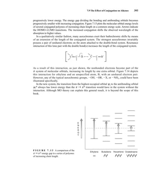 7.9 The Effect of Conjugation on Alkenes 393
progressively lower energy. The energy gap dividing the bonding and antibonding orbitals becomes
progressively smaller with increasing conjugation. Figure 7.13 plots the molecular orbital energy levels
of several conjugated polyenes of increasing chain length on a common energy scale. Arrows indicate
the HOMO–LUMO transitions. The increased conjugation shifts the observed wavelength of the
absorption to higher values.
In a qualitatively similar fashion, many auxochromes exert their bathochromic shifts by means
of an extension of the length of the conjugated system. The strongest auxochromes invariably
possess a pair of unshared electrons on the atom attached to the double-bond system. Resonance
interaction of this lone pair with the double bond(s) increases the length of the conjugated system.
As a result of this interaction, as just shown, the nonbonded electrons become part of the
p system of molecular orbitals, increasing its length by one extra orbital. Figure 7.14 depicts
this interaction for ethylene and an unspecified atom, B, with an unshared electron pair.
However, any of the typical auxochromic groups, IOH, IOR, IX, or INH2, could have been
illustrated specifically.
In the new system, the transition from the highest occupied orbital y2 to the antibonding orbital
y3* always has lower energy than the p U p* transition would have in the system without the
interaction. Although MO theory can explain this general result, it is beyond the scope of this
book.
Ethylene Butadiene Hexatriene Octatetraene
E
N
E
R
G
Y
F I G U R E 7 . 1 3 A comparison of the
p U p * energy gap in a series of polyenes
of increasing chain length.
•
• •
•
C C B
•
• •
•
C C B+
–
14782_07_Ch7_p381-417.pp2.qxd 2/2/08 1:23 AM Page 393
 