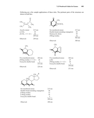 Following are a few sample applications of these rules. The pertinent parts of the structures are
shown in bold face.
7.12 Woodward’s Rules for Enones 401
CH3
C
CH3
CH3
C
C
CH3
CH3
Acyclic enone: 215 nm
-CH3: 10
-CH3: 2  12 = 24
249 nm
Observed: 249 nm
O
α
β
β α
CH3
OCOCH3
O
β
α
δ
γ
Six-membered enone: 215 nm
Double-bond-extending conjugation: 30
Homocyclic diene: 39
-Ring residue: 18
302 nm
Observed: 300 nm
δ
Five-membered enone: 202 nm
-Ring residue: 2  12 = 24
Exocyclic double bond: 5
231 nm
Observed: 226 nm
β
Five-membered enone: 202 nm
-Br: 25
-Ring residue: 2  12 = 24
Exocyclic double bond: 5
256 nm
Observed: 251 nm
α
β
O
β
α
CH3
O
β
α
Br
Six-membered enone: 215 nm
Double-bond-extending conjugation: 30
-Ring residue: 12
-Ring residue: 18
Exocyclic double bond: 5
280 nm
Observed: 280 nm
β
O
β
α
CH3
CH3
R
δ
γ
δ
14782_07_Ch7_p381-417.pp2.qxd 2/2/08 1:23 AM Page 401
 