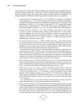 414 Ultraviolet Spectroscopy
serve to guide our use of UV data. These generalizations are a good deal more meaningful when com-
bined with infrared and NMR data—which can, for instance, definitely identify carbonyl groups, dou-
ble bonds, aromatic systems, nitro groups, nitriles, enones, and other important chromophores. In the
absence of infrared or NMR data, the following observations should be taken only as guidelines:
1. A single band of low-to-medium intensity (e = 100 to 10,000) at wavelengths less than 220 nm
usually indicates an n U s* transition. Amines, alcohols, ethers, and thiols are possibilities,
provided the nonbonded electrons are not included in a conjugated system. An exception to this
generalization is that the n U p* transition of cyano groups (ICKN : ) appears in this region.
However, this is a weak transition (e  100), and the cyano group is easily identified in the in-
frared. Do not neglect to look for NIH, O IH, CIO, and SIH bands in the infrared spectrum.
2. A single band of low intensity (e = 10 to 100) in the region 250 to 360 nm, with no major
absorption at shorter wavelengths (200 to 250 nm), usually indicates an n U p* transition.
Since the absorption does not occur at long wavelength, a simple, or unconjugated, chro-
mophore is indicated, generally one that contains an O, N, or S atom. Examples of this may
include CJ O, CJN, NJN, INO2, ICOOR, ICOOH, or ICONH2. Once again, infrared
and NMR spectra should help a great deal.
3. Two bands of medium intensity (e = 1,000 to 10,000), both with lmax above 200 nm, gener-
ally indicate the presence of an aromatic system. If an aromatic system is present, there may
be a good deal of fine structure in the longer-wavelength band (in nonpolar solvents only).
Substitution on the aromatic rings increases the molar absorptivity above 10,000, particu-
larly if the substituent increases the length of the conjugated system.
In polynuclear aromatic substances, a third band appears near 200 nm, a band that in sim-
pler aromatics occurs below 200 nm, where it cannot be observed. Most polynuclear aro-
matics (and heterocyclic compounds) have very characteristic intensity and band-shape
(fine-structure) patterns, and they may often be identified via comparison to spectra that are
available in the literature. The textbooks by Jaffé and Orchin and by Scott, which are listed
in the references at the end of this chapter, are good sources of spectra.
4. Bands of high intensity (e = 10,000 to 20,000) that appear above 210 nm generally represent
either an a,b-unsaturated ketone (check the infrared spectrum), a diene, or a polyene. The
greater the length of the conjugated system, the longer the observed wavelength. For dienes,
the lmax may be calculated using the Woodward–Fieser Rules (Section 7.10).
5. Simple ketones, acids, esters, amides, and other compounds containing both p systems and
unshared electron pairs show two absorptions: an n U p* transition at longer wavelengths
(300 nm, low intensity) and a p U p* transition at shorter wavelengths (250 nm, high
intensity). With conjugation (enones), the lmax of the p U p* band moves to longer wave-
lengths and can be predicted by Woodward’s Rules (Section 7.12). The e value usually rises
above 10,000 with conjugation, and as it is very intense, it may obscure or bury the weaker
n U p* transition.
For a,b-unsaturated esters and acids, Nielsen’s Rules (Section 7.13) may be used to
predict the position of lmax with increasing conjugation and substitution.
6. Compounds that are highly colored (have absorption in the visible region) are likely to contain
a long-chain conjugated system or a polycyclic aromatic chromophore. Benzenoid compounds
may be colored if they have enough conjugating substituents. For nonaromatic systems, usu-
ally a minimum of four to five conjugated chromophores are required to produce absorption in
the visible region. However, some simple nitro, azo, nitroso, a-diketo, polybromo, and
polyiodo compounds may also exhibit color, as may many compounds with quinoid structures.
14782_07_Ch7_p381-417.pp2.qxd 2/2/08 1:23 AM Page 414
 