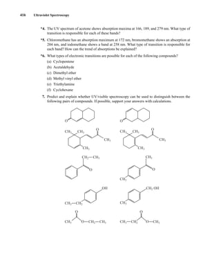 416 Ultraviolet Spectroscopy
*4. The UV spectrum of acetone shows absorption maxima at 166, 189, and 279 nm. What type of
transition is responsible for each of these bands?
*5. Chloromethane has an absorption maximum at 172 nm, bromomethane shows an absorption at
204 nm, and iodomethane shows a band at 258 nm. What type of transition is responsible for
each band? How can the trend of absorptions be explained?
*6. What types of electronic transitions are possible for each of the following compounds?
(a) Cyclopentene
(b) Acetaldehyde
(c) Dimethyl ether
(d) Methyl vinyl ether
(e) Triethylamine
(f) Cyclohexane
7. Predict and explain whether UV/visible spectroscopy can be used to distinguish between the
following pairs of compounds. If possible, support your answers with calculations.
O
O
O
CH3 CH3
CH3
CH3
O
CH3 CH3
CH3
CH3
CH2 CH3 CH3
CH3
O
OH CH2 OH
CH3
CH3 CH2
CH2 CH3
O
CH3
O
CH3
O
CH3 CH2
O
O
14782_07_Ch7_p381-417.pp2.qxd 2/2/08 1:23 AM Page 416
 