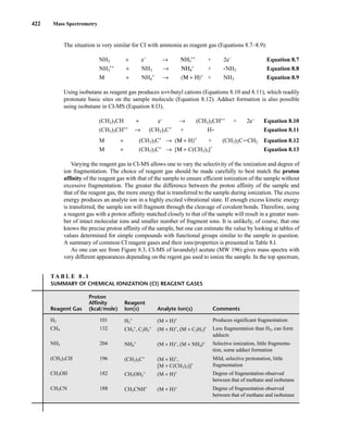 422 Mass Spectrometry
Reagent Gas
Proton
Affinity
(kcal/mole)
Reagent
Ion(s) Analyte Ion(s) Comments
H2 101 H3
+
(M + H)+ Produces significant fragmentation
CH4 132 CH5
+
, C2H5
+
(M + H)+
, (M + C2H5)+ Less fragmentation than H2, can form
adducts
NH3 204 NH4
+
(M + H)+
, (M + NH4)+ Selective ionization, little fragmenta-
tion, some adduct formation
(CH3)3CH 196 (CH3)3C+
(M + H)+
,
[M + C(CH3)3)]+
Mild, selective protonation, little
fragmentation
CH3OH 182 CH3OH2
+
(M + H)+ Degree of fragmentation observed
between that of methane and isobutane
CH3CN 188 CH3CNH+
(M + H)+ Degree of fragmentation observed
between that of methane and isobutane
TA B L E 8 . 1
SUMMARY OF CHEMICAL IONIZATION (CI) REAGENT GASES
The situation is very similar for CI with ammonia as reagent gas (Equations 8.7–8.9):
NH3 + e−
→ ΝΗ3
• +
+ 2e−
Equation 8.7
NH3
• +
+ NH3 → ΝΗ4
+
+ • NH2 Equation 8.8
M + NH4
+
→ (Μ + Η)+
+ NH3 Equation 8.9
Using isobutane as reagent gas produces tert-butyl cations (Equations 8.10 and 8.11), which readily
protonate basic sites on the sample molecule (Equation 8.12). Adduct formation is also possible
using isobutane in CI-MS (Equation 8.l3).
(CH3)3CH + e−
→ (CH3)3CH• +
+ 2e−
Equation 8.10
(CH3)3CH• +
→ (CH3)3C+
+ H• Equation 8.11
M + (CH3)3C+
→ (Μ + H)+
+ (CH3)2CJCH2 Equation 8.12
M + (CH3)3C+
→ [Μ + C(CH3)3]+
Equation 8.13
Varying the reagent gas in CI-MS allows one to vary the selectivity of the ionization and degree of
ion fragmentation. The choice of reagent gas should be made carefully to best match the proton
affinity of the reagent gas with that of the sample to ensure efficient ionization of the sample without
excessive fragmentation. The greater the difference between the proton affinity of the sample and
that of the reagent gas, the more energy that is transferred to the sample during ionization. The excess
energy produces an analyte ion in a highly excited vibrational state. If enough excess kinetic energy
is transferred, the sample ion will fragment through the cleavage of covalent bonds. Therefore, using
a reagent gas with a proton affinity matched closely to that of the sample will result in a greater num-
ber of intact molecular ions and smaller number of fragment ions. It is unlikely, of course, that one
knows the precise proton affinity of the sample, but one can estimate the value by looking at tables of
values determined for simple compounds with functional groups similar to the sample in question.
A summary of common CI reagent gases and their ions/properties is presented in Table 8.l.
As one can see from Figure 8.3, CI-MS of lavandulyl acetate (MW 196) gives mass spectra with
very different appearances depending on the regent gas used to ionize the sample. In the top spectrum,
14782_08_Ch8_p418-519.pp3.qxd 2/6/08 3:06 PM Page 422
 