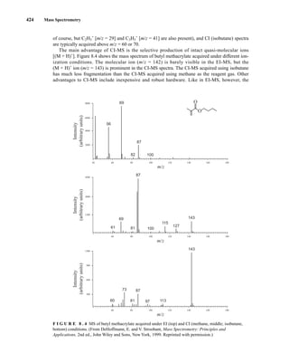 424 Mass Spectrometry
F I G U R E 8 . 4 MS of butyl methacrylate acquired under EI (top) and CI (methane, middle; isobutane,
bottom) conditions. (From DeHoffmann, E. and V. Stroobant, Mass Spectrometry: Principles and
Applications, 2nd ed., John Wiley and Sons, New York, 1999. Reprinted with permission.)
56
69
87
87
69
61 81 100
115
127
143
82 100
40
6000
8000
4000
2000
4500
3000
1500
1200
900
600
300
m/z
m/z
m/z
60
73 87
81 97 113
143
60 80 100 120 140 160 180
60 80 100 120 140 160 180
60 80 100 120 140 160 180
O
O
Intensity
(arbitrary
units)
Intensity
(arbitrary
units)
Intensity
(arbitrary
units)
of course, but C2H5
+
[m/z = 29] and C3H5
+
[m/z = 41] are also present), and CI (isobutane) spectra
are typically acquired above m/z = 60 or 70.
The main advantage of CI-MS is the selective production of intact quasi-molecular ions
[(M + H)+
]. Figure 8.4 shows the mass spectrum of butyl methacrylate acquired under different ion-
ization conditions. The molecular ion (m/z = 142) is barely visible in the EI-MS, but the
(M + H)+
ion (m/z = 143) is prominent in the CI-MS spectra. The CI-MS acquired using isobutane
has much less fragmentation than the CI-MS acquired using methane as the reagent gas. Other
advantages to CI-MS include inexpensive and robust hardware. Like in EI-MS, however, the
14782_08_Ch8_p418-519.pp3.qxd 2/6/08 3:06 PM Page 424
 