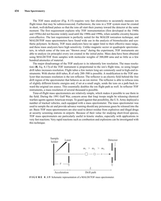 434 Mass Spectrometry
The TOF mass analyzer (Fig. 8.15) requires very fast electronics to accurately measure ion
flight times that may be submicrosecond. Furthermore, the ions in a TOF system must be created
in short, well-defined pulses so that the ions all start their journey toward the detector at the same
moment. The first requirement explains why TOF instrumentation (first developed in the 1940s
and 1950s) did not become widely used until the 1980s and 1990s, when suitable circuitry became
cost-effective. The last requirement is perfectly suited for the MALDI ionization technique, and
MALDI/TOF mass spectrometers have found wide use in the analysis of biomolecules and syn-
thetic polymers. In theory, TOF mass analyzers have no upper limit to their effective mass range,
and these mass analyzers have high sensitivity. Unlike magnetic sector or quadrupole spectrome-
ters, in which some of the ions are “thrown away” during the experiment, TOF instruments are
able to analyze (in principle) every ion created in the initial pulse. Mass data have been obtained
using MALDI/TOF from samples with molecular weights of 300,000 amu and as little as a few
hundred attomoles of material.
The major disadvantage of the TOF analyzer is its inherently low resolution. The mass resolu-
tion (R, Eq. 8.17) of the TOF instrument is proportional to the ion’s flight time, so using longer
drift tubes increases resolution. Flight tubes a few meters long are commonly used in high-end in-
struments. With shorter drift tubes, R of only 200–500 is possible. A modification to the TOF ana-
lyzer that increases resolution is the ion reflector. The reflector is an electric field behind the free
drift region of the spectrometer that behaves as an ion mirror. The reflector is able to refocus ions
of slightly different kinetic energies and, if set at a small angle, sends the ions on a path back to-
ward the original ion source. This essentially doubles the ion flight path as well. In reflector TOF
instruments, a mass resolution of several thousand is possible.
Time-of-flight mass spectrometers are relatively simple, which makes it possible to use them in
the field. During the 1991 Gulf War, concern arose that Iraqi troops might be releasing chemical
warfare agents against American troops. To guard against that possibility, the U.S. Army deployed a
number of tracked vehicles, each equipped with a mass spectrometer. The mass spectrometer was
used to sample the air and provide advance warning should any poisonous gases be released into the
air. Basic TOF mass spectrometers are also used to detect residue from explosives and illegal drugs
at security screening stations in airports. Because of their value for studying short-lived species,
TOF mass spectrometers are particularly useful in kinetic studies, especially with applications to
very fast reactions. Very rapid reactions such as combustion and explosions can be investigated with
this technique.
Sample
holder
Laser
V
Detector
Drift path
Acceleration
L
m1  m2  m3
F I G U R E 8 . 1 5 Schematic representation of a MALDI/TOF mass spectrometer.
14782_08_Ch8_p418-519.pp3.qxd 2/6/08 3:06 PM Page 434
 