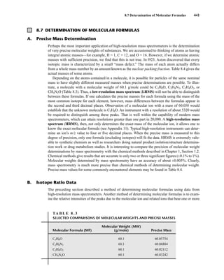 8.7 Determination of Molecular Formulas 441
8.7 DETERMINATION OF MOLECULAR FORMULAS
A. Precise Mass Determination
Perhaps the most important application of high-resolution mass spectrometers is the determination
of very precise molecular weights of substances. We are accustomed to thinking of atoms as having
integral atomic masses—for example, H = 1, C = 12, and O = 16. However, if we determine atomic
masses with sufficient precision, we find that this is not true. In l923, Aston discovered that every
isotopic mass is characterized by a small “mass defect.” The mass of each atom actually differs
from a whole mass number by an amount known as the nuclear packing fraction. Table 8.4 gives the
actual masses of some atoms.
Depending on the atoms contained in a molecule, it is possible for particles of the same nominal
mass to have slightly different measured masses when precise determinations are possible. To illus-
trate, a molecule with a molecular weight of 60.1 g/mole could be C3H8O, C2H8N2, C2H4O2, or
CH4N2O (Table 8.3). Thus, a low-resolution mass spectrum (LRMS) will not be able to distinguish
between these formulas. If one calculates the precise masses for each formula using the mass of the
most common isotope for each element, however, mass differences between the formulas appear in
the second and third decimal places. Observation of a molecular ion with a mass of 60.058 would
establish that the unknown molecule is C3H8O. An instrument with a resolution of about 5320 would
be required to distinguish among these peaks. That is well within the capability of modern mass
spectrometers, which can attain resolutions greater than one part in 20,000. A high-resolution mass
spectrum (HRMS), then, not only determines the exact mass of the molecular ion, it allows one to
know the exact molecular formula (see Appendix 11). Typical high-resolution instruments can deter-
mine an ion’s m/z value to four or five decimal places. When the precise mass is measured to this
degree of precision, only one formula (excluding isotopes) will fit the data. HRMS is extremely valu-
able to synthetic chemists as well as researchers doing natural product isolation/structure determina-
tion work or drug metabolism studies. It is interesting to compare the precision of molecular weight
determinations by mass spectrometry with the chemical methods described in Chapter 1, Section 1.2.
Chemical methods give results that are accurate to only two or three significant figures (±0.1% to 1%).
Molecular weights determined by mass spectrometry have an accuracy of about ±0.005%. Clearly,
mass spectrometry is much more precise than chemical methods of determining molecular weight.
Precise mass values for some commonly encountered elements may be found in Table 8.4.
TA B L E 8 . 3
SELECTED COMPARISONS OF MOLECULAR WEIGHTS AND PRECISE MASSES
Molecular Weight (MW)
Molecular Formula (MF) (g/mole) Precise Mass
C3H8O 60.1 60.05754
C2H8N2 60.1 60.06884
C2H4O2 60.1 60.02112
CH4N2O 60.1 60.03242
B. Isotope Ratio Data
The preceding section described a method of determining molecular formulas using data from
high-resolution mass spectrometers. Another method of determining molecular formulas is to exam-
ine the relative intensities of the peaks due to the molecular ion and related ions that bear one or more
14782_08_Ch8_p418-519.pp3.qxd 2/6/08 3:06 PM Page 441
 