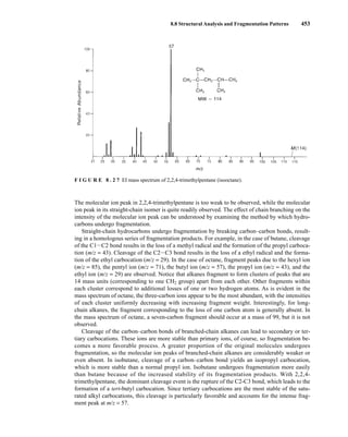 8.8 Structural Analysis and Fragmentation Patterns 453
F I G U R E 8 . 2 7 EI mass spectrum of 2,2,4-trimethylpentane (isooctane).
The molecular ion peak in 2,2,4-trimethylpentane is too weak to be observed, while the molecular
ion peak in its straight-chain isomer is quite readily observed. The effect of chain branching on the
intensity of the molecular ion peak can be understood by examining the method by which hydro-
carbons undergo fragmentation.
Straight-chain hydrocarbons undergo fragmentation by breaking carbon–carbon bonds, result-
ing in a homologous series of fragmentation products. For example, in the case of butane, cleavage
of the C1IC2 bond results in the loss of a methyl radical and the formation of the propyl carboca-
tion (m/z = 43). Cleavage of the C2IC3 bond results in the loss of a ethyl radical and the forma-
tion of the ethyl carbocation (m/z = 29). In the case of octane, fragment peaks due to the hexyl ion
(m/z = 85), the pentyl ion (m/z = 71), the butyl ion (m/z = 57), the propyl ion (m/z = 43), and the
ethyl ion (m/z = 29) are observed. Notice that alkanes fragment to form clusters of peaks that are
14 mass units (corresponding to one CH2 group) apart from each other. Other fragments within
each cluster correspond to additional losses of one or two hydrogen atoms. As is evident in the
mass spectrum of octane, the three-carbon ions appear to be the most abundant, with the intensities
of each cluster uniformly decreasing with increasing fragment weight. Interestingly, for long-
chain alkanes, the fragment corresponding to the loss of one carbon atom is generally absent. In
the mass spectrum of octane, a seven-carbon fragment should occur at a mass of 99, but it is not
observed.
Cleavage of the carbon–carbon bonds of branched-chain alkanes can lead to secondary or ter-
tiary carbocations. These ions are more stable than primary ions, of course, so fragmentation be-
comes a more favorable process. A greater proportion of the original molecules undergoes
fragmentation, so the molecular ion peaks of branched-chain alkanes are considerably weaker or
even absent. In isobutane, cleavage of a carbon–carbon bond yields an isopropyl carbocation,
which is more stable than a normal propyl ion. Isobutane undergoes fragmentation more easily
than butane because of the increased stability of its fragmentation products. With 2,2,4-
trimethylpentane, the dominant cleavage event is the rupture of the C2-C3 bond, which leads to the
formation of a tert-butyl carbocation. Since tertiary carbocations are the most stable of the satu-
rated alkyl carbocations, this cleavage is particularly favorable and accounts for the intense frag-
ment peak at m/z = 57.
14782_08_Ch8_p418-519.pp3.qxd 2/6/08 3:07 PM Page 453
 