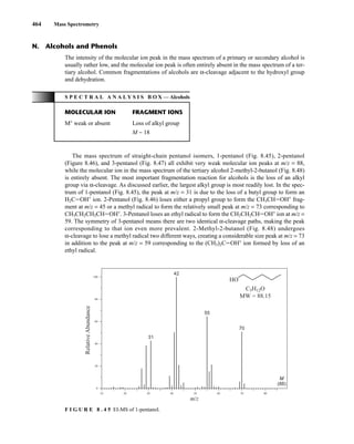 464 Mass Spectrometry
The mass spectrum of straight-chain pentanol isomers, 1-pentanol (Fig. 8.45), 2-pentanol
(Figure 8.46), and 3-pentanol (Fig. 8.47) all exhibit very weak molecular ion peaks at m/z = 88,
while the molecular ion in the mass spectrum of the tertiary alcohol 2-methyl-2-butanol (Fig. 8.48)
is entirely absent. The most important fragmentation reaction for alcohols is the loss of an alkyl
group via α-cleavage. As discussed earlier, the largest alkyl group is most readily lost. In the spec-
trum of 1-pentanol (Fig. 8.45), the peak at m/z = 31 is due to the loss of a butyl group to form an
H2CJOH+
ion. 2-Pentanol (Fig. 8.46) loses either a propyl group to form the CH3CHJOH+
frag-
ment at m/z = 45 or a methyl radical to form the relatively small peak at m/z = 73 corresponding to
CH3CH2CH2CHJOH+
. 3-Pentanol loses an ethyl radical to form the CH3CH2CHJOH+
ion at m/z =
59. The symmetry of 3-pentanol means there are two identical α-cleavage paths, making the peak
corresponding to that ion even more prevalent. 2-Methyl-2-butanol (Fig. 8.48) undergoes
α-cleavage to lose a methyl radical two different ways, creating a considerable size peak at m/z = 73
in addition to the peak at m/z = 59 corresponding to the (CH3)2CJOH+
ion formed by loss of an
ethyl radical.
70
42
31
55
C5H12O
MW = 88.15
(88)
M
10 20 30 40 50 60 70 80
80
60
40
20
0
100
m/z
Relative
Abundance
HO
F I G U R E 8 . 4 5 EI-MS of 1-pentanol.
The intensity of the molecular ion peak in the mass spectrum of a primary or secondary alcohol is
usually rather low, and the molecular ion peak is often entirely absent in the mass spectrum of a ter-
tiary alcohol. Common fragmentations of alcohols are α-cleavage adjacent to the hydroxyl group
and dehydration.
N. Alcohols and Phenols
S P E C T R A L A N A L Y S I S B O X — Alcohols
MOLECULAR ION FRAGMENT IONS
M+
weak or absent Loss of alkyl group
M − 18
14782_08_Ch8_p418-519.pp3.qxd 2/6/08 3:07 PM Page 464
 