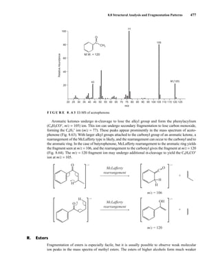 8.8 Structural Analysis and Fragmentation Patterns 477
m/z
Relative
Abundance
20 30 40
25 35 45 55 65 75 85 95 105 115 125
50 60 70 80 90 100 110 120
43
77
105
M (120)
100
80
60
40
20
CH3
C
O
M.W. = 120
F I G U R E 8 . 6 3 EI-MS of acetophenone.
Aromatic ketones undergo α-cleavage to lose the alkyl group and form the phenylacylium
(C6H5CO+
, m/z = 105) ion. This ion can undergo secondary fragmentation to lose carbon monoxide,
forming the C6H5
+
ion (m/z = 77). These peaks appear prominently in the mass spectrum of aceto-
phenone (Fig. 8.63). With larger alkyl groups attached to the carbonyl group of an aromatic ketone, a
rearrangement of the McLafferty type is likely, and the rearrangement can occur to the carbonyl and to
the fragment seen at m/z = 106, and the rearrangement to the carbonyl gives the fragment at m/z = 120
(Fig. 8.64). The m/z = 120 fragment ion may undergo additional α-cleavage to yield the C6H5CO+
ion at m/z = 105.
• +
H
O • +
H
C
O
H
+
• +
OH
m/z = 120
m/z = 106
+
• +
O
H
McLafferty
rearrangement
McLafferty
rearrangement
R. Esters
Fragmentation of esters is especially facile, but it is usually possible to observe weak molecular
ion peaks in the mass spectra of methyl esters. The esters of higher alcohols form much weaker
14782_08_Ch8_p418-519.pp3.qxd 2/6/08 3:07 PM Page 477
the aromatic ring. In the case of butyrophenone, McLafferty rearrangement to the aromatic ring yields
 