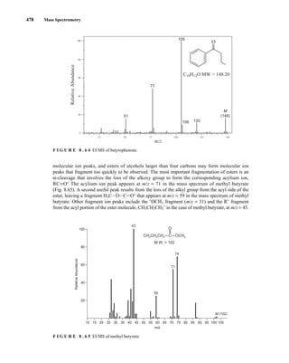 478 Mass Spectrometry
m/z
Relative
Abundance
10 20 30
15 25 35 45 55 65 75 85 95 105
40 50 60 70 80 90 100
43
59
71
74
M (102)
100
80
60
40
20
OCH3
CH3CH2CH2 C
O
M.W. = 102
F I G U R E 8 . 6 5 EI-MS of methyl b
molecular ion peaks, and esters of alcohols larger than four carbons may form molecular ion
peaks that fragment too quickly to be observed. The most important fragmentation of esters is an
α-cleavage that involves the loss of the alkoxy group to form the corresponding acylium ion,
RCKO+
The acylium ion peak appears at m/z = 71 in the mass spectrum of methyl butyrate
(Fig. 8.65). A second useful peak results from the loss of the alkyl group from the acyl side of the
ester, leaving a fragment H3CIOICJO+
that appears at m/z = 59 in the mass spectrum of methyl
butyrate. Other fragment ion peaks include the +
OCH3 fragment (m/z = 31) and the R+
fragment
from the acyl portion of the ester molecule, CH3CH2CH2
+
in the case of methyl butyrate, at m/z = 43.
51
77
C10H12O MW = 148.20
105
106 120
M
(148)
25 50 75 100 125 150
80
60
40
20
0
100
m/z
Relative
Abundance
O
14782_08_Ch8_p418-519.pp3.qxd 2/6/08 3:07 PM Page 478
utyrate.
F I G U R E 8 . 6 4 EI-MS of .
butyrophenone
 