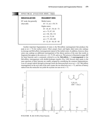 8.8 Structural Analysis and Fragmentation Patterns 479
0
10 20 30 40 50 60 70 80 90 100 110 120
20
40
60
80
100
Relative
Abundance
m/z
71
73
89
101
116
O
O
C8H16O2
MW = 144.21
F I G U R E 8 . 6 6 EI-MS of butyl butyrate.
Another important fragmentation of esters is the McLafferty rearrangement that produces the
peak at m/z = 74 (for methyl esters). Ethyl, propyl, butyl, and higher alkyl esters also undergo
α-cleavage and McLafferty rearrangements typical of the methyl esters. In addition, however, these
esters may undergo an additional rearrangement of the alkoxy portion of the ester that results in
fragments that appear in the series m/z = 61, 75, 89, and so on. This process is illustrated on page 480
for butyl butyrate and is commonly referred to as the McLafferty + 1 rearrangement or the
McLafferty rearrangement with double-hydrogen transfer (Fig. 8.66) Several other peaks in the
mass spectrum of butyl butyrate are readily assigned by considering the common fragmentations.
Loss of a propyl radical through α-cleavage forms the butoxyacylium ion at m/z = 101, McLafferty
rearrangement on the acyl side of the ester creates the ion observed at m/z = 73, and loss of butoxy
radical from the molecular ion yields the acylium ion seen at m/z = 71.
S P E C T R A L A N A L Y S I S B O X — Esters
MOLECULAR ION FRAGMENT IONS
M+
weak, but generally Methyl esters:
observable M − 31, m/z = 59, 74
Higher esters:
M − 45, M − 59, M − 73
m/z = 73, 87, 101
m/z = 88, 102, 116
m/z = 61, 75, 89
m/z = 77, 105, 108
M − 32, M − 46, M − 60
14782_08_Ch8_p418-519.pp3.qxd 2/6/08 3:07 PM Page 479
 