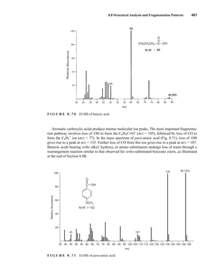 8.8 Structural Analysis and Fragmentation Patterns 483
Aromatic carboxylic acids produce intense molecular ion peaks. The most important fragmenta-
tion pathway involves loss of •
OH to form the C6H5CKO+
(m/z = 105), followed by loss of CO to
form the C6H5
+
ion (m/z = 77). In the mass spectrum of para-anisic acid (Fig. 8.71), loss of •
OH
gives rise to a peak at m/z = 135. Further loss of CO from this ion gives rise to a peak at m/z = 107.
Benzoic acids bearing ortho alkyl, hydroxy, or amino substituents undergo loss of water through a
rearrangement reaction similar to that observed for ortho-substituted benzoate esters, as illustrated
at the end of Section 8.8R.
F I G U R E 8 . 7 0 EI-MS of butyric acid.
m/z
Relative
Abundance
35 45 55
40 50 60 70 80 90 100 110 120 130 140 150
65 75 85 95 105 115 125 135 145 155
135
107
45
M (152)
100
80
60
40
20
OH
OCH3
C
O
M.W. = 152
F I G U R E 8 . 7 1 EI-MS of para-anisic acid.
14782_08_Ch8_p418-519.pp3.qxd 2/6/08 3:07 PM Page 483
 