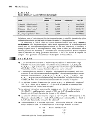 498 Mass Spectrometry
includes the name of each compound that the computer has used for matching, its molecular weight
and molecular formula, and its Chemical Abstracts Service (CAS) Registry number.
The information in Table 8.9 indicates that the unknown liquid is most likely 1-chloro-2-
methylbenzene since the probability of a correct match is placed at 94%. It is interesting to note
that the meta and para isomers show probabilities of 70% and 60%, respectively. It is tempting to
simply accept the results of the computer-based library search as correct, but the method is not an
absolute guarantee that the identity of a sample has been correctly determined. A visual inspection
of the experimental and library spectra must be included as part of the process. A computer can
compare a mass spectrum it has determined with the spectra in these databases.
TA B L E 8 . 9
RESULT OF LIBRARY SEARCH FOR UNKNOWN LIQUID
Molecular
Name Weight Formula Probability CAS No.
1. Benzene, 1-chloro-2-methyl- 126 C7H7Cl 94 000095-49-8
2. Benzene, 1-chloro-3-methyl- 126 C7H7Cl 70 000108-41-8
3. Benzene, 1-chloro-4-methyl- 126 C7H7Cl 60 000106-43-4
4. Benzene, (chloromethyl)- 126 C7H7Cl 47 000100-44-7
5. 1,3,5-Cycloheptatriene, 1-chloro- 126 C7H7Cl 23 032743-66-1
*1. A low-resolution mass spectrum of the alkaloid vobtusine showed the molecular weight
to be 718. This molecular weight is correct for the molecular formulas C43H50N4O6 and
C42H46N4O7. A high-resolution mass spectrum provided a molecular weight of 718.3743.
Which of the possible molecular formulas is the correct one for vobtusine?
*2. A tetramethyltriacetyl derivative of oregonin, a diarylheptanoid xyloside found in red alder,
was found by low-resolution mass spectrometry to have a molecular weight of 660. Possible
molecular formulas include C32H36O15, C33H40O14, C34H44O13, C35H48O12, C32H52O14, and
C33H56O13. High-resolution mass spectrometry indicated that the precise molecular weight
was 660.278. What is the correct molecular formula for this derivative of oregonin?
*3. An unknown substance shows a molecular ion peak at m/z = 170 with a relative intensity of
100. The M + 1 peak has an intensity of 13.2, and the M + 2 peak has an intensity of 1.00.
What is the molecular formula of the unknown?
*4. An unknown hydrocarbon has a molecular ion peak at m/z = 84, with a relative intensity of
31.3. The M + 1 peak has a relative intensity of 2.06, and the M + 2 peak has a relative
intensity of 0.08. What is the molecular formula for this substance?
*5. An unknown substance has a molecular ion peak at m/z = 107, with a relative intensity of 100.
The relative intensity of the M + 1 peak is 8.00, and the relative intensity of the M + 2 peak is
0.30. What is the molecular formula for this unknown?
*6. The mass spectrum of an unknown liquid shows a molecular ion peak at m/z = 78, with a
relative intensity of 23.6. The relative intensities of the isotopic peaks are as follows:
m/z = 79 Relative intensity = 0.79
80 7.55
81 0.25
What is the molecular formula of this unknown?
P R O B L E M S
14782_08_Ch8_p418-519.pp3.qxd 2/6/08 3:08 PM Page 498
 