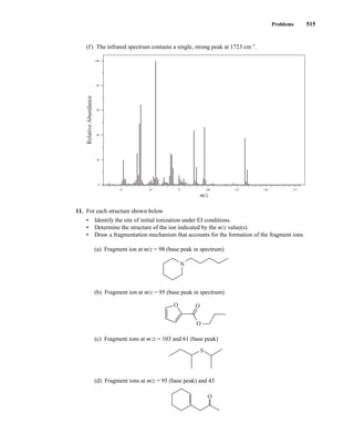 Problems 515
(f) The infrared spectrum contains a single, strong peak at 1723 cm–1
.
11. For each structure shown below
• Identify the site of initial ionization under EI conditions.
• Determine the structure of the ion indicated by the m/z value(s).
• Draw a fragmentation mechanism that accounts for the formation of the fragment ions.
(a) Fragment ion at m/z = 98 (base peak in spectrum)
(b) Fragment ion at m/z = 95 (base peak in spectrum)
(c) Fragment ions at m/z = 103 and 61 (base peak)
(d) Fragment ions at m/z = 95 (base peak) and 43
O
S
O O
O
N
100
80
60
40
20
0
Relative
Abundance
25 50 75 100 125 150 175
m/z
14782_08_Ch8_p418-519.pp3.qxd 2/6/08 3:08 PM Page 515
 