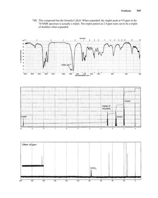 Problems 545
*13. This compound has the formula C4H8O. When expanded, the singlet peak at 9.8 ppm in the
1
H NMR spectrum is actually a triplet. The triplet pattern at 2.4 ppm turns out to be a triplet
of doublets when expanded.
triplet
triplet
triplet of
doublets
sextet
CDCl3
14782_09_Ch9_p520-586.pp3.qxd 2/6/08 9:07 PM Page 545
 