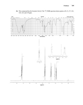 Problems 559
26. This compound has the formula C9H12O. The 13
C NMR spectrum shows peaks at 28, 31, 57, 122,
124, 125, and 139 ppm.
8.0 7.0 6.0 5.0 4.0 3.0 2.0 1.0 0.0
(ppm)
2.8 2.6 2.4 2.2 2.0 1.8
(ppm)
3.6
600 450
4000 3800 3600 3400 3200 3000 2800 2600 2200
2400 2000 1800 1600 1400 1200 1000 800
WAVENUMBERS
90
100
2.5 2.6 2.7 2.8 2.9 3.5 4 4.5
3 5 5.5 6 7 8 9 10 11 12 13 14 15 16 17 18 19 21
.05
0.0
0.1
0.2
0.3
0.4
0.5
0.6
0.7
0.8
0.9
1.0
2.0
22
80
70
60
50
40
30
20
10
0
MICRONS
MELT
A
B
S
O
R
B
A
N
C
E
%
T
R
A
N
S
M
I
T
T
A
N
C
E
NICOLET 20SX FT-IR
14782_09_Ch9_p520-586.pp3.qxd 2/6/08 9:08 PM Page 559
 
