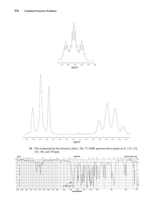 570 Combined Structure Problems
33. This compound has the formula C6H6O3. The 13
C NMR spectrum shows peaks at 52, 112, 118,
145, 146, and 159 ppm.
600 450
4000 3800 3600 3400 3200 3000 2800 2600 2200
2400 2000 1800 1600 1400 1200 1000 800
WAVENUMBERS
90
100
2.5 2.6 2.7 2.8 2.9 3.5 4 4.5
3 5 5.5 6 7 8 9 10 11 12 13 14 15 16 17 18 19 21
.05
0.0
0.1
0.2
0.3
0.4
0.5
0.6
0.7
0.8
0.9
1.0
2.0
22
80
70
60
50
40
30
20
10
0
MICRONS
NEAT
A
B
S
O
R
B
A
N
C
E
%
T
R
A
N
S
M
I
T
T
A
N
C
E
NICOLET 20SX FT-IR
1730 cm-1
2.50 2.46
2.48 2.38
2.40
2.42
2.44 2.34
2.36 2.32 2.30 2.28 2.26 2.24 2.22 2.20
(ppm)
5.10 5.08 5.04
5.06 5.02 5.00
(ppm)
14782_09_Ch9_p520-586.pp3.qxd 2/6/08 9:09 PM Page 570
 